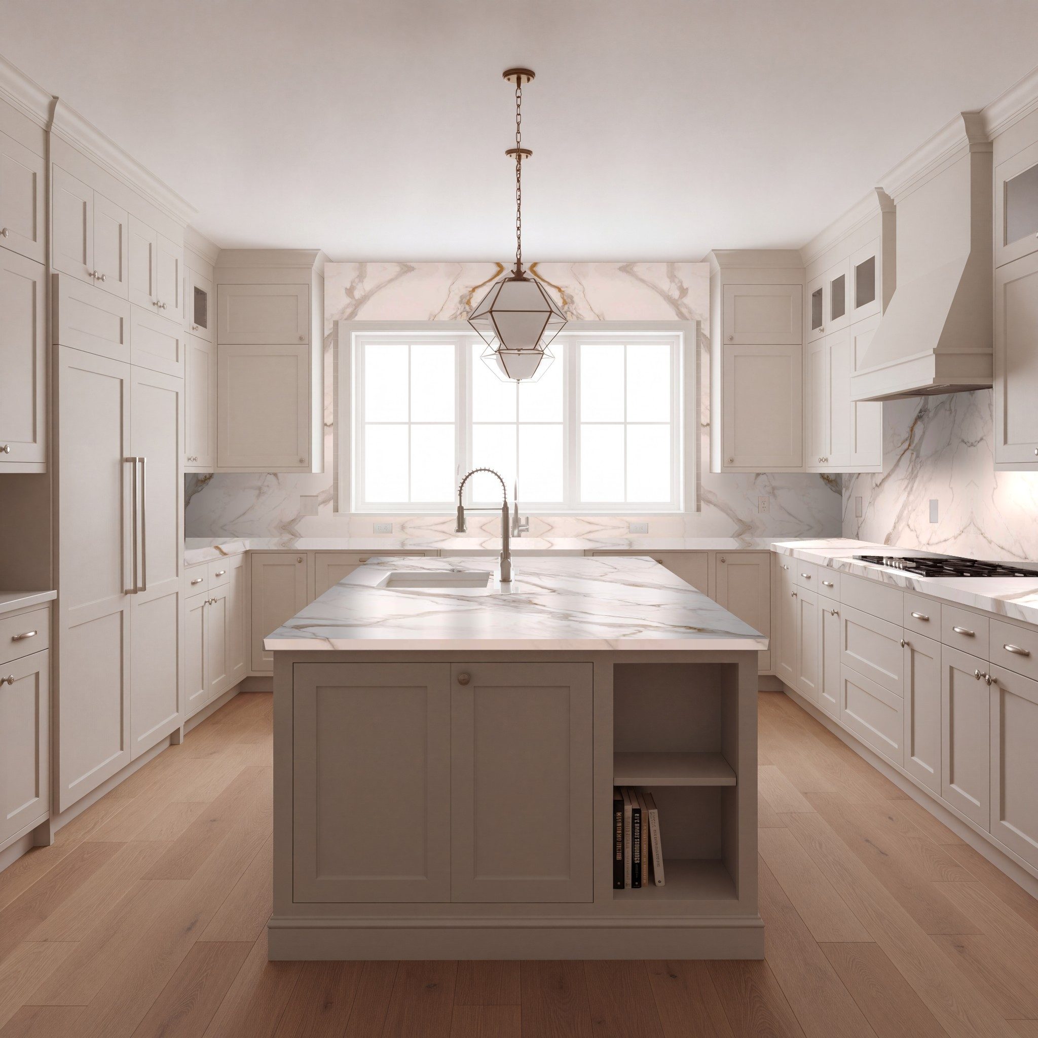 Transitional kitchen with Calacatta Borghini